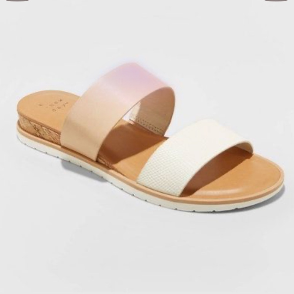 A New Day Women's Coco Two Band Slide Sandals, Cream & Tan, Size 9